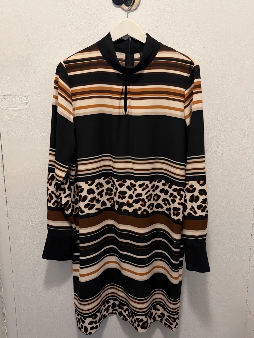 DKNY Mock Neck Stripe Leopard Print Dress Size M